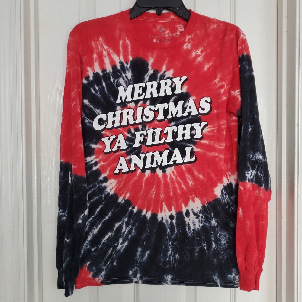 Tie Dye Red Black Christmas Shirt Simply Southern Filthy Animal‎ Home Alone SZ:S